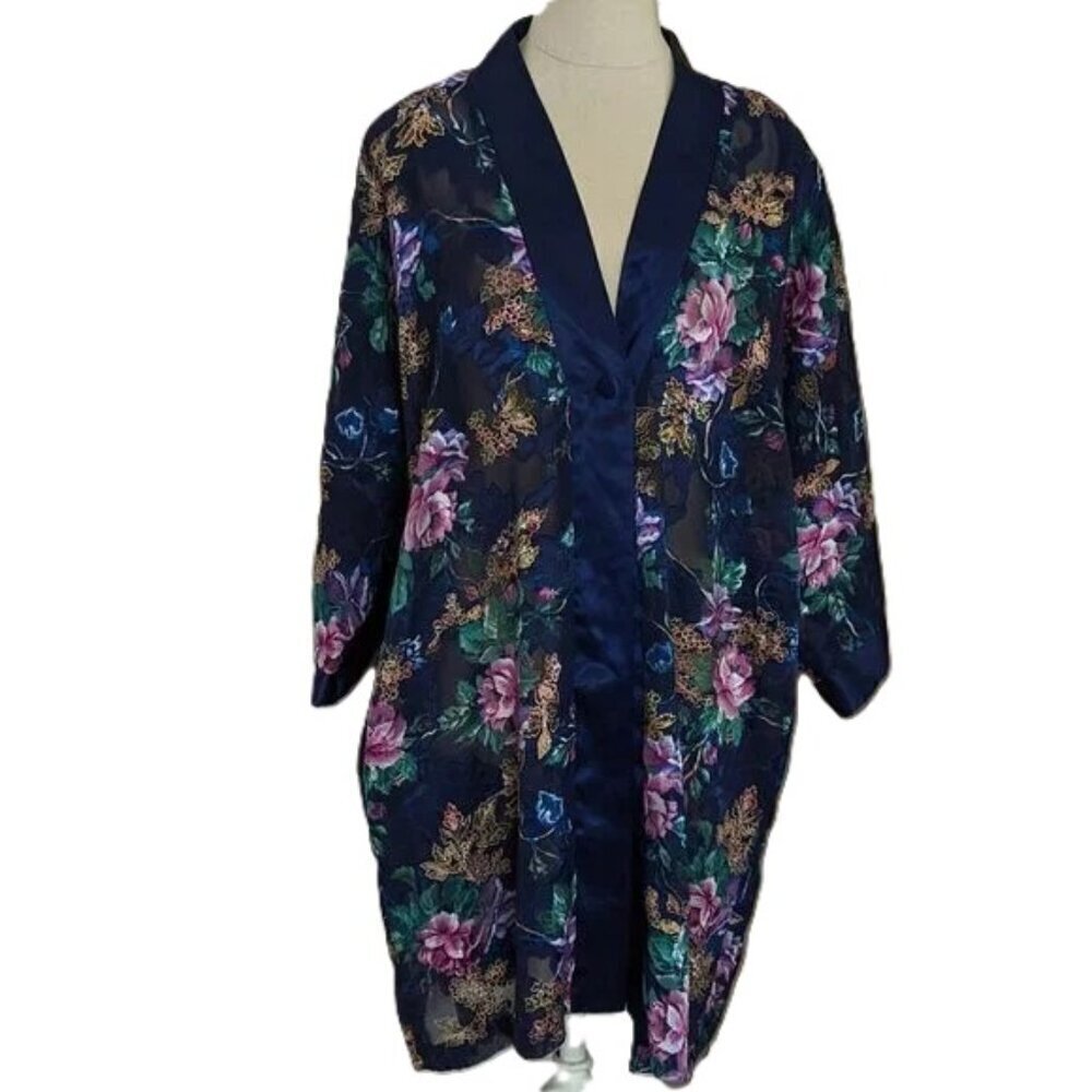 Vintage Satin Sheer Shirt Dress Robe Lingerie Floral California Dynasty Boho
